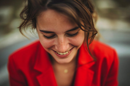 Portrait of a beautiful young woman with long brown hair in a red jacket.の素材