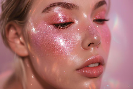Portrait of a beautiful girl with glitter on her face on a pink backgroundの素材