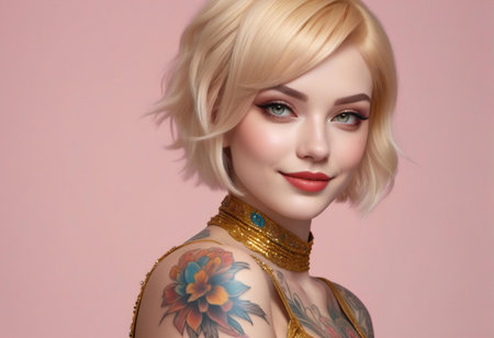 Portrait of a beautiful blonde woman with short hair and bright make-upの素材