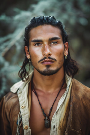 Portrait of a handsome indian man with long brown hair.の素材
