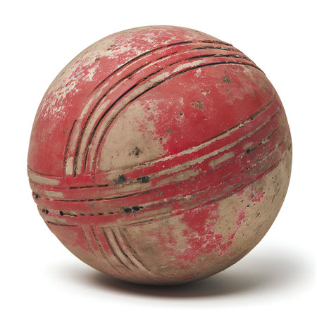 Old cricket ball isolated on white background.の素材