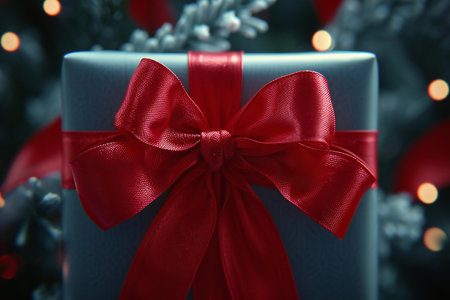 Beautiful gift box with red ribbon on Christmas tree, closeupの素材