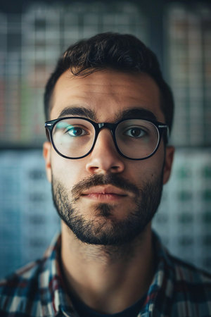 Portrait of a bearded man with glasses and a plaid shirtの素材