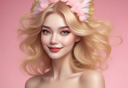 Portrait of a beautiful blonde girl with long curly hair on a pink background.の素材