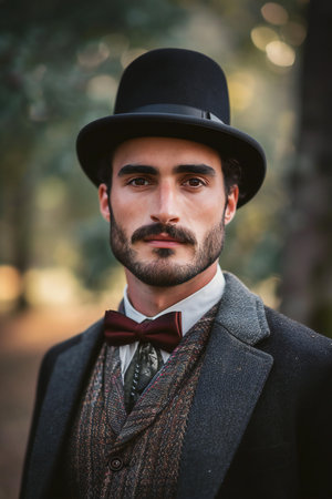 Portrait of a handsome man wearing a top hat and bow tieの素材