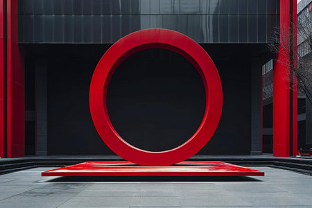 Red round sign on the square in front of modern building.の素材