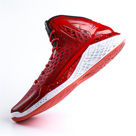Red running shoes isolated on white background.の素材
