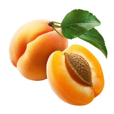 Apricot fruits with leaves isolated on white background.の素材