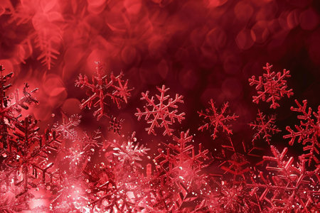 Red christmas background with snowflakes and bokeh lightsの素材