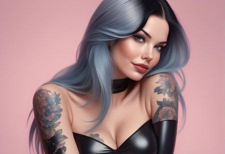 Portrait of a beautiful woman with blue hair and tattoo on her armの素材