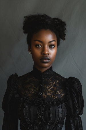 Beautiful young African American woman in a black lace blouse.の素材