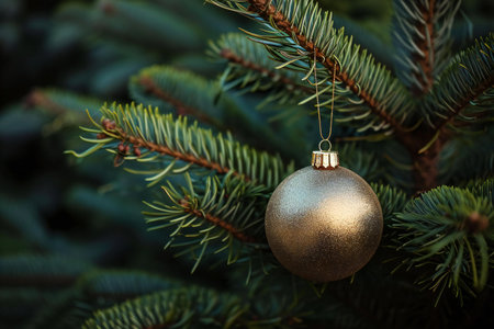 Christmas tree decoration with golden bauble on green fir tree branches.の素材