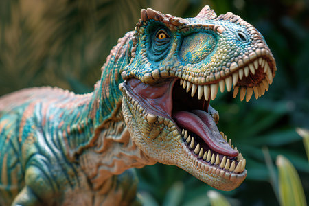 Dinosaur statue in the park, close-up of head and teethの素材