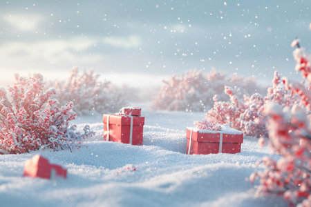 Christmas background with red gift boxes in the snow. Beautiful winter landscape.の素材