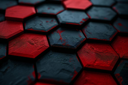 Red and black hexagon background.の素材