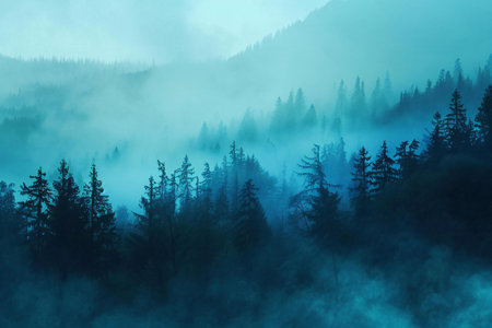 Foggy morning in the coniferous forest, Carpathians, Ukraineの素材