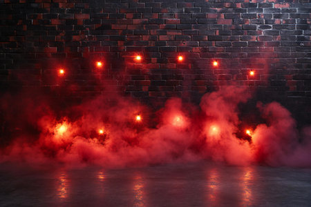 Red smoke on a dark brick wall background.の素材