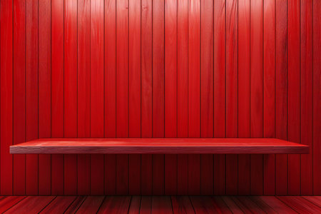 Empty wooden shelf on red wooden wall background.の素材