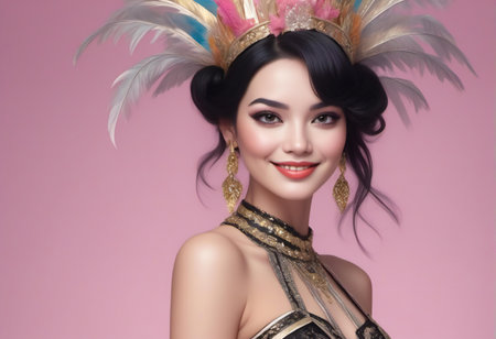 Portrait of beautiful young woman with bright make-up and feather hatの素材