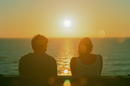 Back view of young couple sitting at table and looking at beautiful sunset over seaの素材