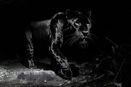 Beautiful black panther (Panthera pardus) in the darknessの素材