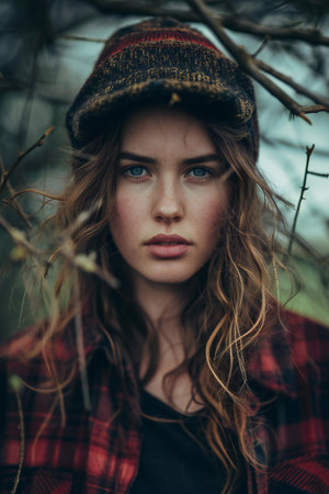 Beautiful girl with long curly hair in a plaid shirt and hat in the autumn forestの素材
