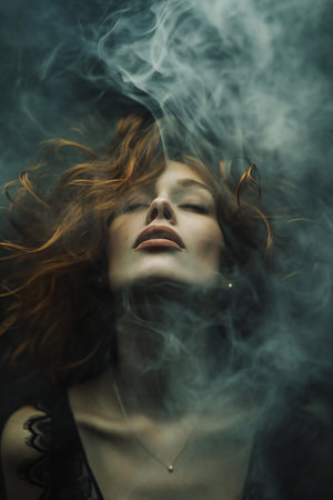 Portrait of a beautiful young woman with long red hair in the smoke.の素材