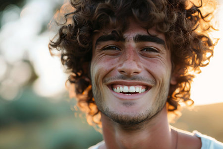 Portrait of a young man with curly hair smiling at the cameraの素材