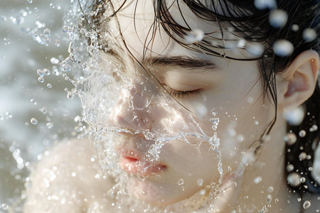 Portrait of a beautiful little girl bathed in a stream of waterの素材