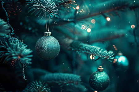 Christmas tree decoration with blue baubles, lights and bokehの素材