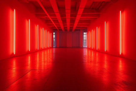 empty room with red neon light on wall.の素材