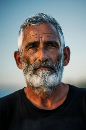 Portrait of senior man with grey beard against blue sky at sunsetの素材