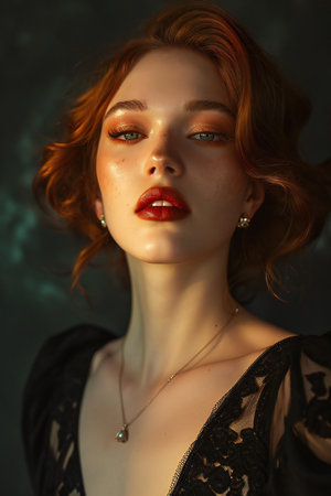 Close-up portrait of a beautiful young woman with red hair. Beauty, fashion.の素材