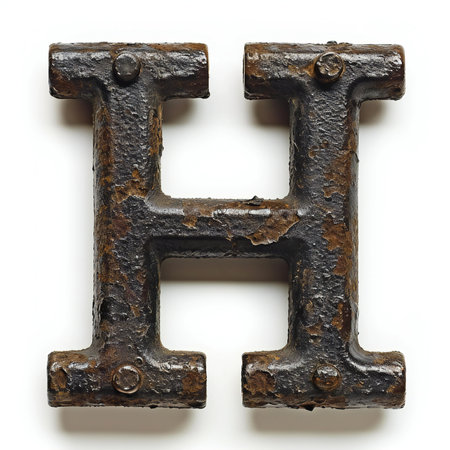 Old rusty metal letter H isolated on white background.の素材