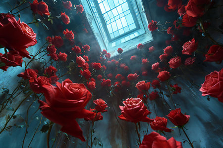 Red roses in a room with a window,の素材