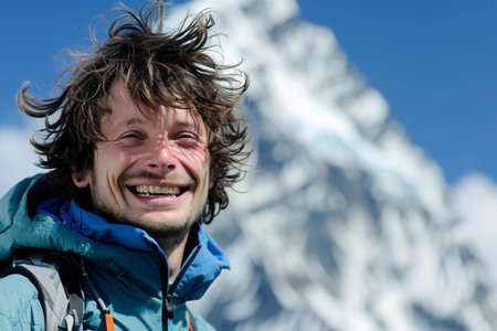 Portrait of a man on the background of mountains and blue skyの素材