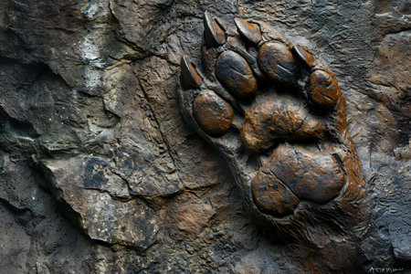 Footprint of a tiger on a stone, closeup of photoの素材