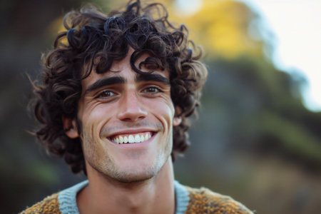 Close up portrait of a handsome young man with curly hair smiling outdoorsの素材