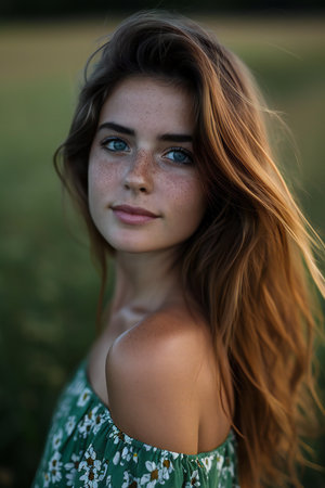Portrait of a beautiful young girl with freckles on her faceの素材