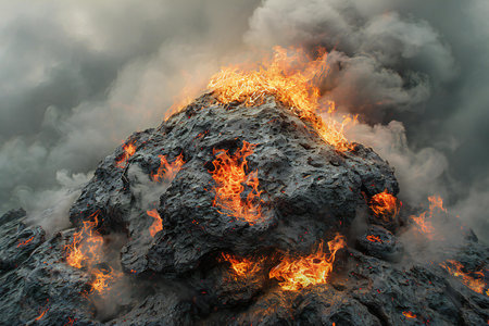illustration of volcano eruption with lava and ash in magmaの素材