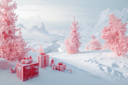 Winter landscape with red gift boxes in the snow.の素材