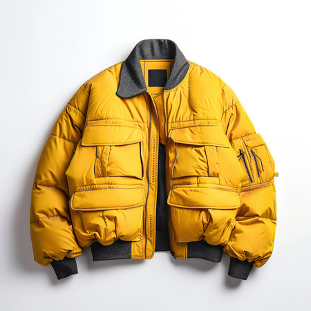 Men's yellow jacket on a white background.の素材