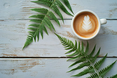 Cup of coffee with latte art and fern leaves on wooden backgroundの素材