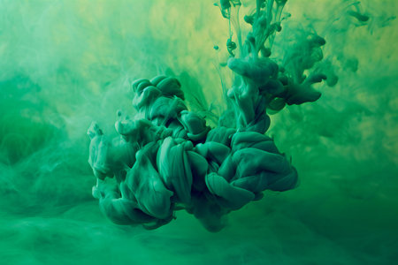 Green ink in water. Ink swirling in water. Abstract background.の素材