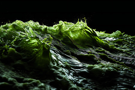 green water splash isolated on black background. Close up of green water splash.の素材