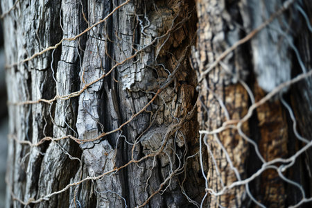 Old tree bark with barbed wire. Close-up shot.の素材
