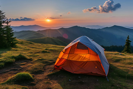 Camping in the Carpathian mountains at sunset. Beautiful landscape with orange tent.の素材
