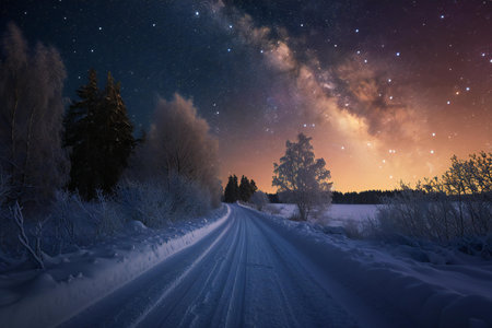 Winter landscape with starry sky, road and trees in the snowの素材