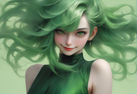 Beautiful girl with green hair. Portrait of a girl with green hair.の素材