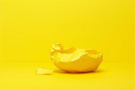 Crumpled yellow paper on yellow background. Minimal style.の素材